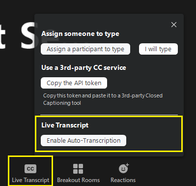 For Zoom live transcription settings